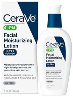 Bottle of cerave facial moisturizing lotion containing hyaluronic acid and niacinamide