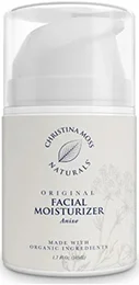 a bottle of facial moisturizer formulated with organic aloe veras next to a box