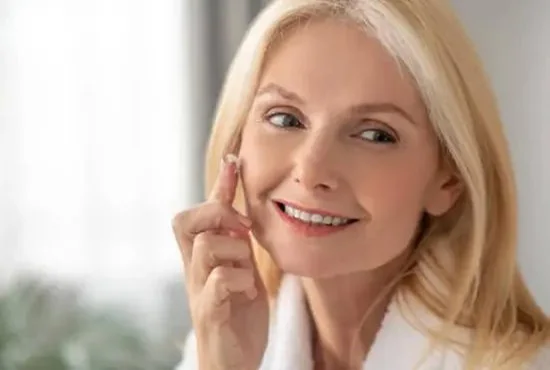 A woman with a smile applying natural face cream around the right cheek of her face.