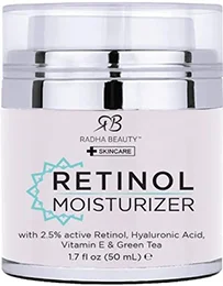 one point seven fluid ounce tub of radha beauty moisturizing miracle anti wrinkle and anti aging retinol cream for face containing 2.5% retinol, hyaluronic acid, vitamin e and green tea